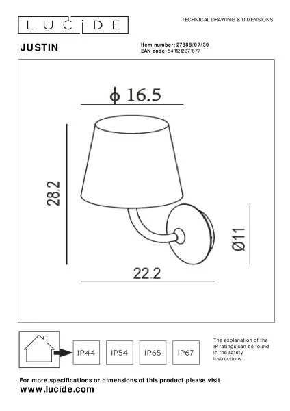 Lucide JUSTIN - Wall light Indoor/Outdoor - LED Dim. - 1x7W 3000K - IP65 - Black - technical